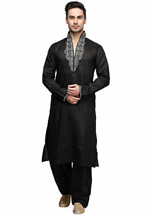 Hand Embroidered Raw Silk Kurta Set in Black