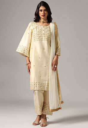 Hand Embroidered Raw Silk Pakistani Suit in Cream