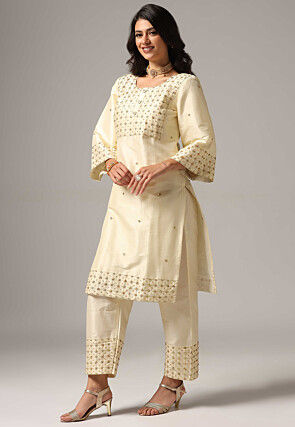 Hand Embroidered Raw Silk Pakistani Suit in Cream