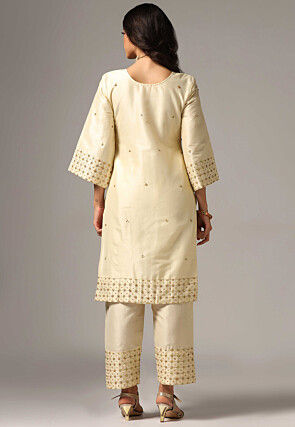 Hand Embroidered Raw Silk Pakistani Suit in Cream