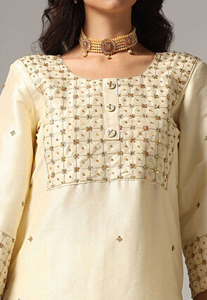 Hand Embroidered Raw Silk Pakistani Suit in Cream