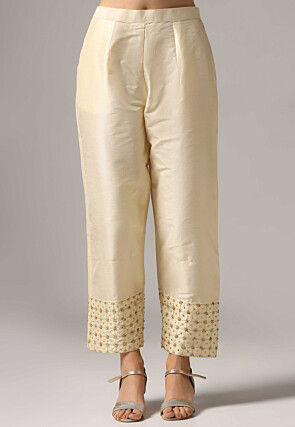 Hand Embroidered Raw Silk Pakistani Suit in Cream