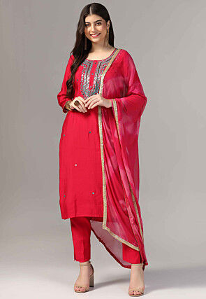 Hand Embroidered Raw Silk Pakistani Suit in Fuchsia