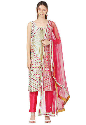 Hand Embroidered Raw Silk Pakistani Suit in Light Beige