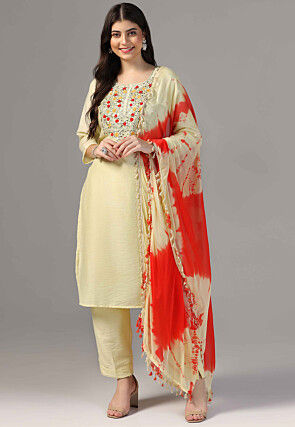 Hand Embroidered Raw Silk Pakistani Suit in Light Yellow