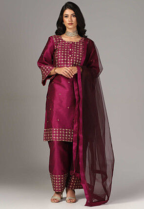 Hand Embroidered Raw Silk Pakistani Suit in Magenta