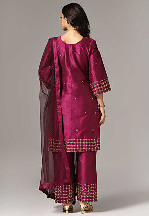 Hand Embroidered Raw Silk Pakistani Suit in Magenta