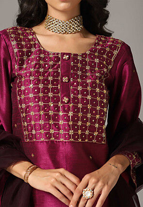 Hand Embroidered Raw Silk Pakistani Suit in Magenta