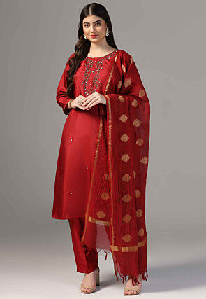 Hand Embroidered Raw Silk Pakistani Suit in Maroon