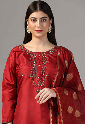 Hand Embroidered Raw Silk Pakistani Suit in Maroon
