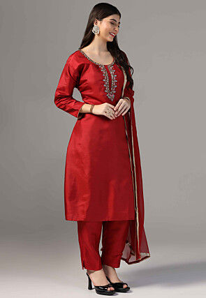 Hand Embroidered Raw Silk Pakistani Suit in Maroon