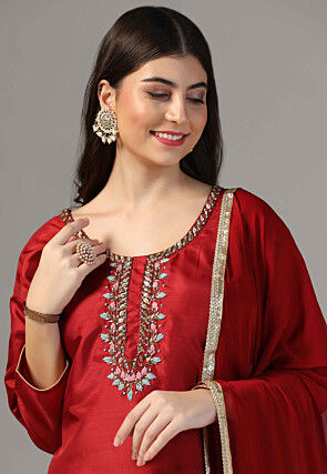 Hand Embroidered Raw Silk Pakistani Suit in Maroon