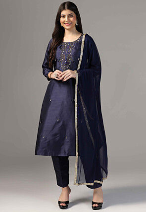Hand Embroidered Raw Silk Pakistani Suit in Navy Blue