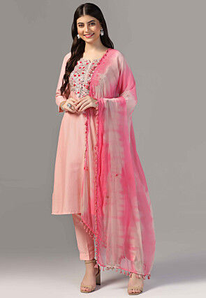 Hand Embroidered Raw Silk Pakistani Suit in Peach