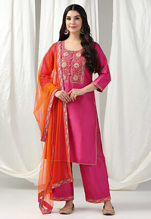 Hand Embroidered Raw Silk Pakistani Suit in Pink