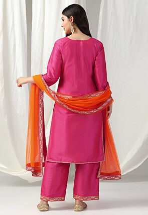 Hand Embroidered Raw Silk Pakistani Suit in Pink