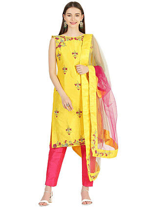 Hand Embroidered Raw Silk Pakistani Suit in Yellow