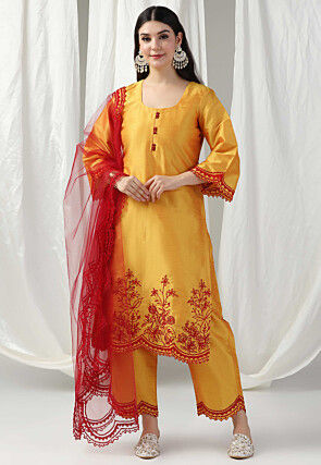 Hand Embroidered Raw Silk Pakistani Suit in Yellow