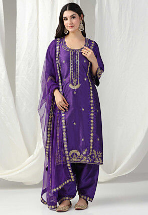 Hand Embroidered Raw Silk Punjabi Suit in Purple