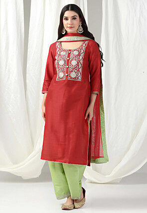 Hand Embroidered Raw Silk Punjabi Suit in Red