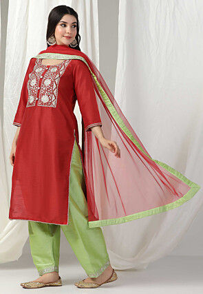 Hand Embroidered Raw Silk Punjabi Suit in Red