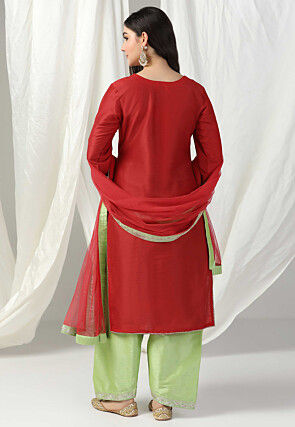 Hand Embroidered Raw Silk Punjabi Suit in Red