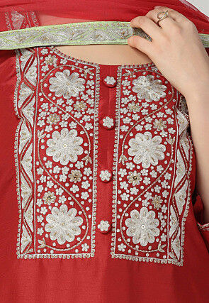 Hand Embroidered Raw Silk Punjabi Suit in Red