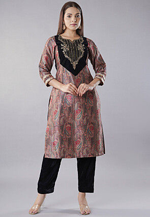 Hand Embroidered Raw Silk Straight Kurta Set in Brown