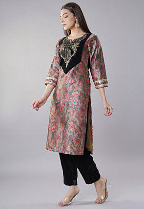 Hand Embroidered Raw Silk Straight Kurta Set in Brown