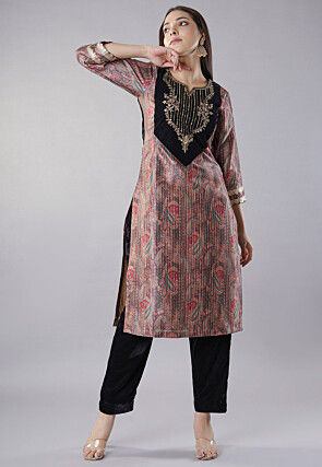 Hand Embroidered Raw Silk Straight Kurta Set in Brown