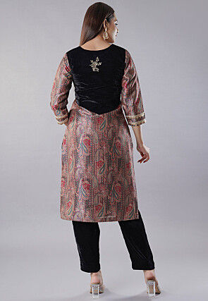 Hand Embroidered Raw Silk Straight Kurta Set in Brown