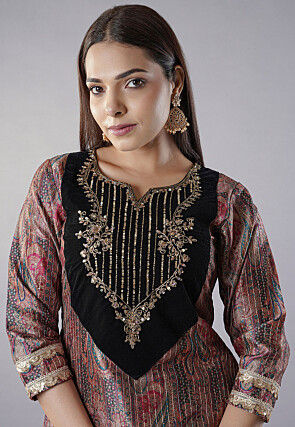 Hand Embroidered Raw Silk Straight Kurta Set in Brown