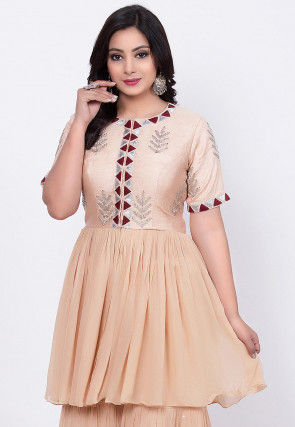 Hand Embroidered Raw Silk Tunic Sharara Set in Off White