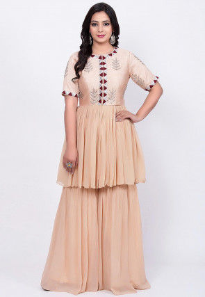 Hand Embroidered Raw Silk Tunic Sharara Set in Off White