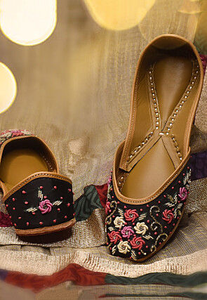 Hand Embroidered Raw Silk Women Jutti in Black