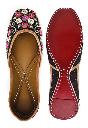 Hand Embroidered Raw Silk Women Jutti in Black