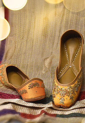 Hand Embroidered Raw Silk Women Jutti in Light Orange
