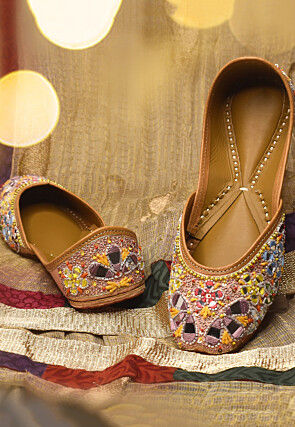 Hand Embroidered Raw Silk Women Jutti in Old Rose