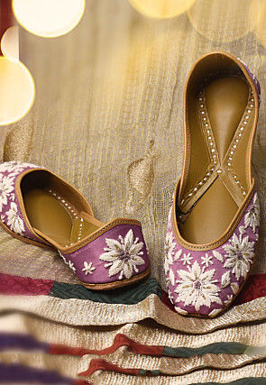 Hand Embroidered Raw Silk Women Jutti in Purple