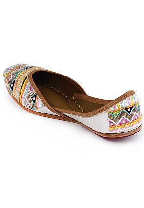 Hand Embroidered Raw Silk Women Jutti in White and Multicolor