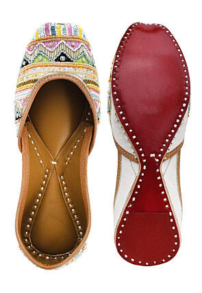 Hand Embroidered Raw Silk Women Jutti in White and Multicolor