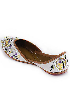 Hand Embroidered Raw Silk Women Jutti in White