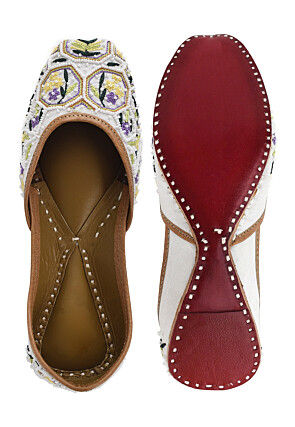 Hand Embroidered Raw Silk Women Jutti in White