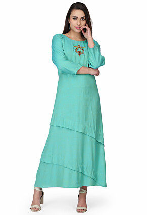Hand Embroidered Rayon Gown in Sea Green