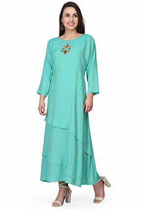 Hand Embroidered Rayon Gown in Sea Green