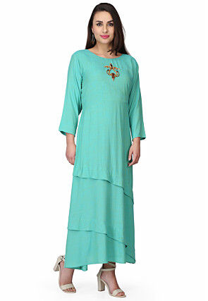 Hand Embroidered Rayon Gown in Sea Green