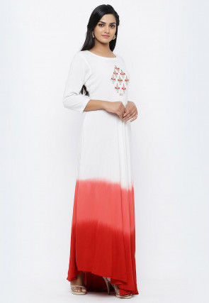 Hand Embroidered Rayon Gown in Shaded White and Red