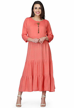 Hand Embroidered Rayon Maxi Dress in Peach