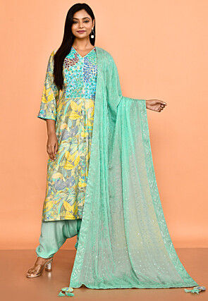 Hand Embroidered Rayon Punjabi Suit in Multicolor