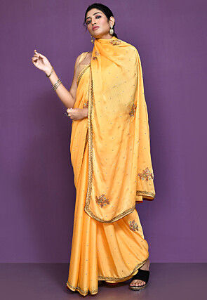 Hand Embroidered Satin Chiffon Saree in Yellow